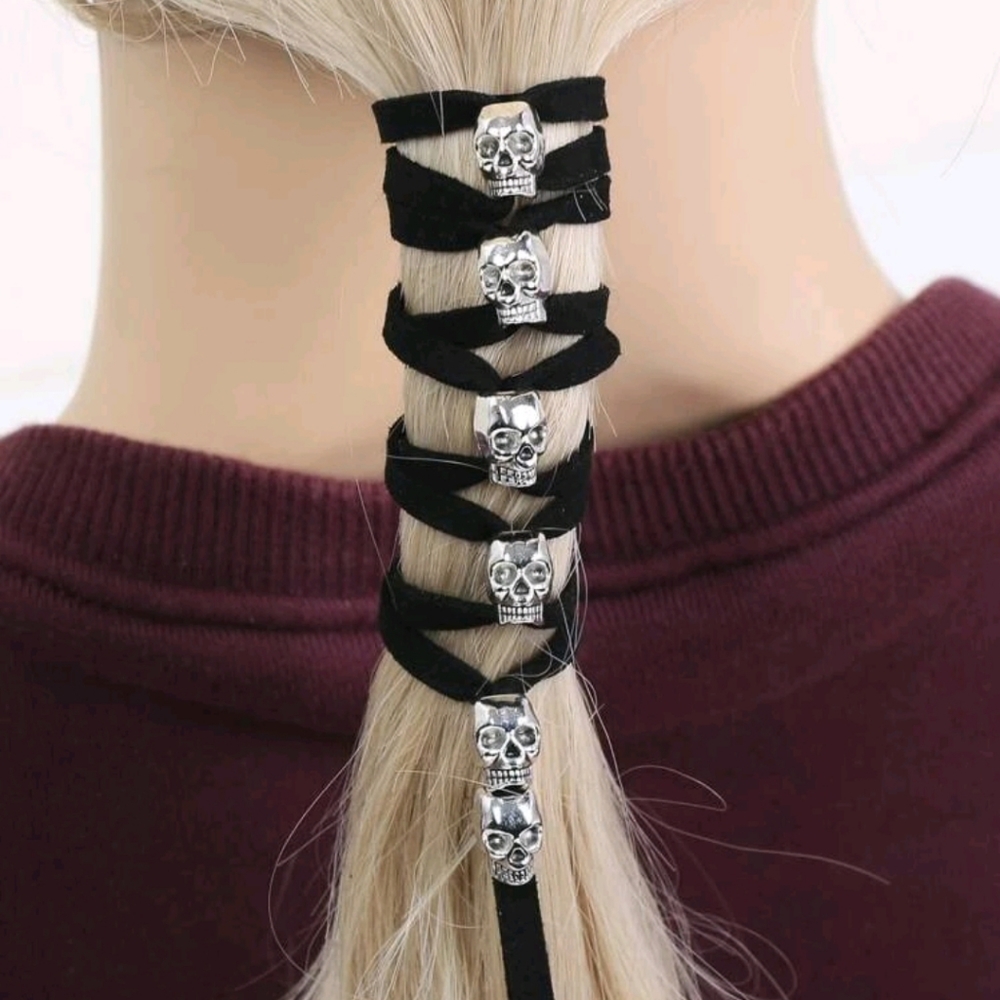Black cord skull ponytail hair wrap NEW